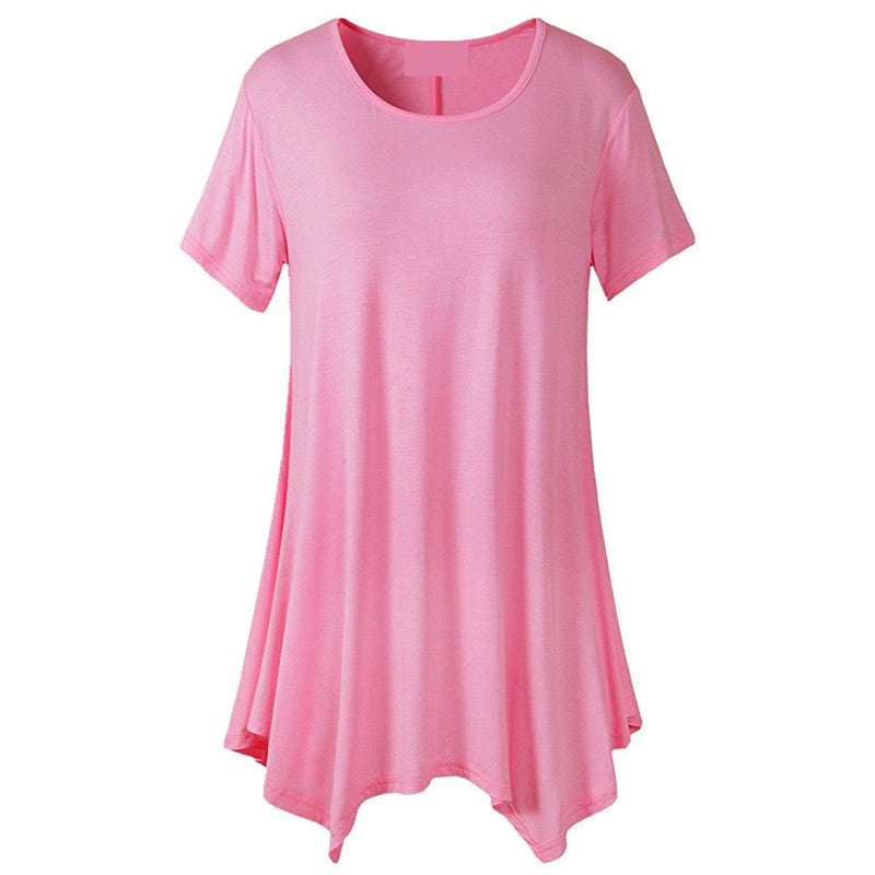 Kortärmad, halvlång T-shirt för kvinnor, sommar, löst sittande, rundad, enfärgad, når ner till fållen
