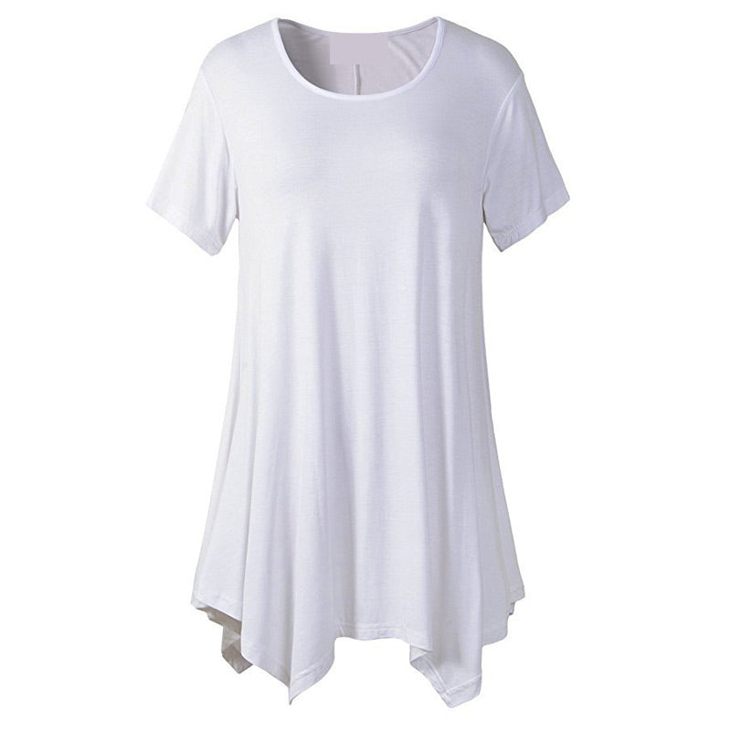Kortärmad, halvlång T-shirt för kvinnor, sommar, löst sittande, rundad, enfärgad, når ner till fållen