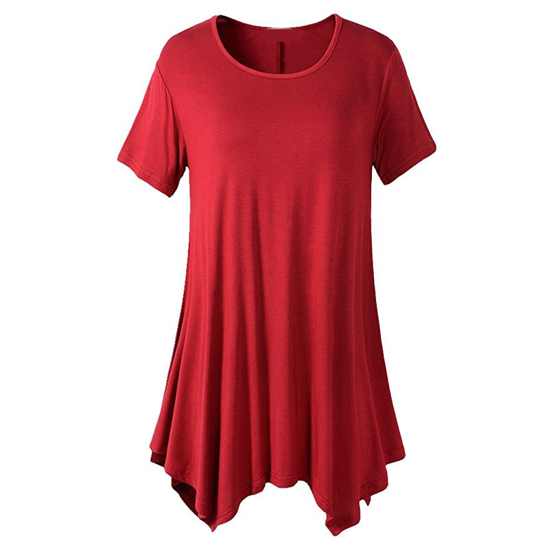 Kortärmad, halvlång T-shirt för kvinnor, sommar, löst sittande, rundad, enfärgad, når ner till fållen