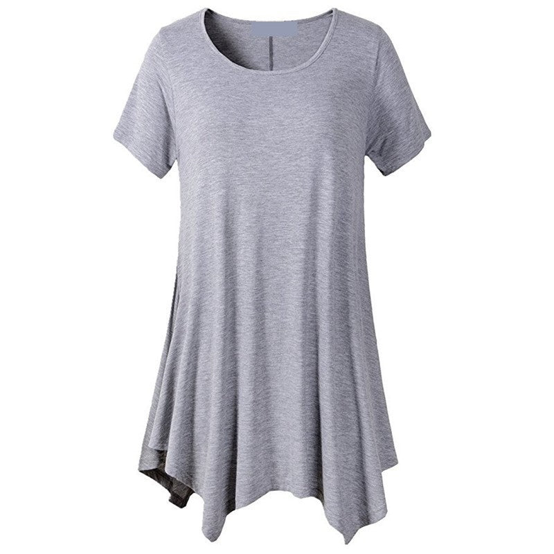 Kortärmad, halvlång T-shirt för kvinnor, sommar, löst sittande, rundad, enfärgad, når ner till fållen