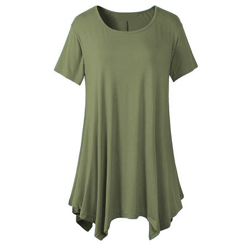 Kortärmad, halvlång T-shirt för kvinnor, sommar, löst sittande, rundad, enfärgad, når ner till fållen
