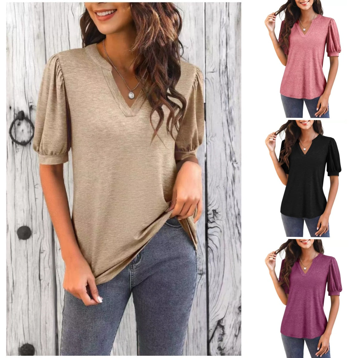 💥Sista dagen Specialförsäljning 50% OFF👚Kvinnor V-Neck Casual Puff Kortärmad Topp Elegant T-Shirt