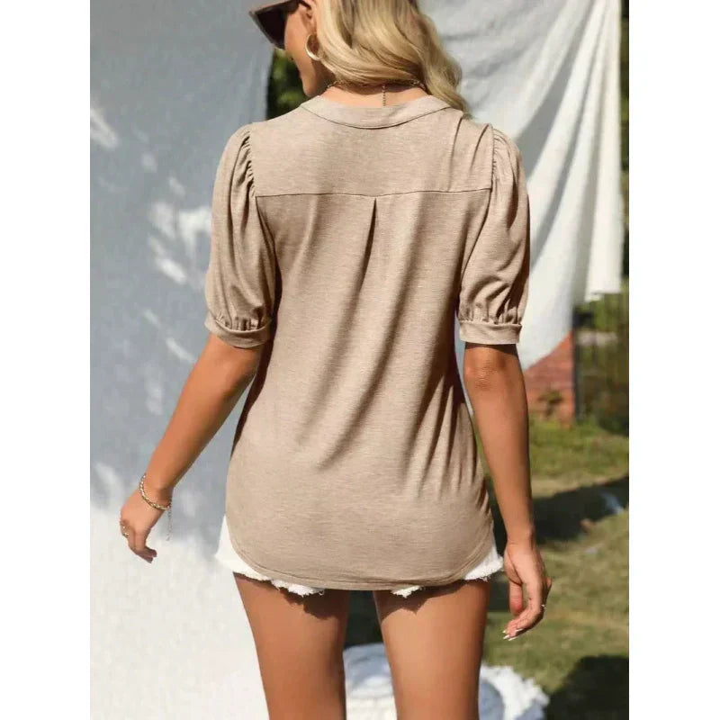 💥Sista dagen Specialförsäljning 50% OFF👚Kvinnor V-Neck Casual Puff Kortärmad Topp Elegant T-Shirt