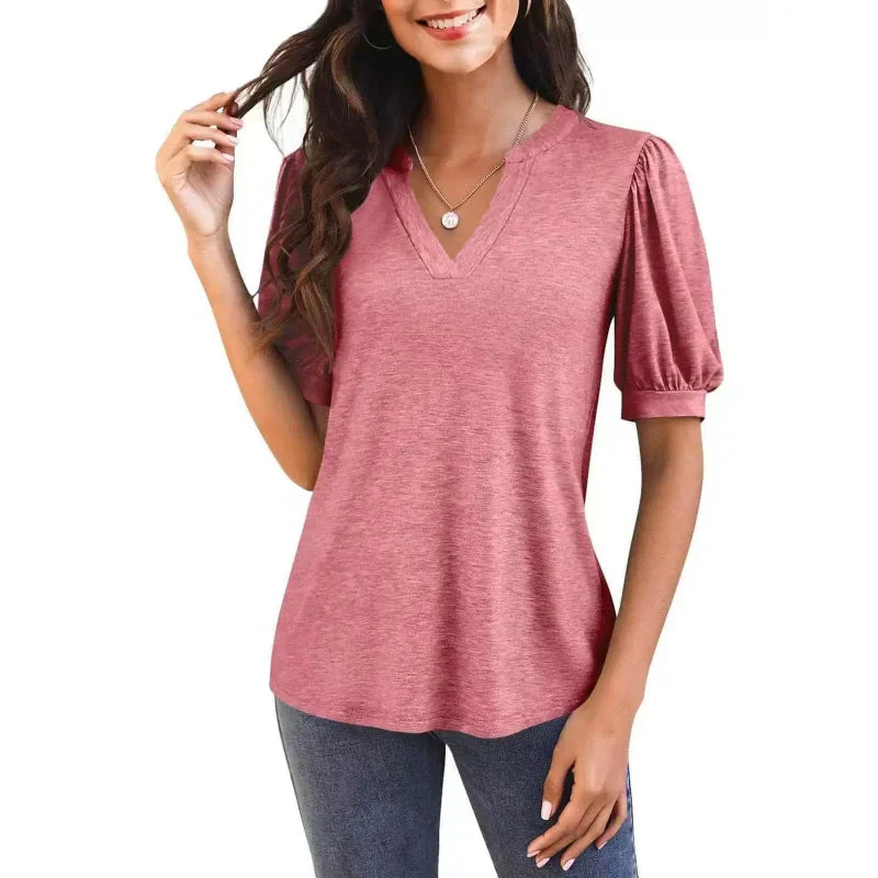 💥Sista dagen Specialförsäljning 50% OFF👚Kvinnor V-Neck Casual Puff Kortärmad Topp Elegant T-Shirt