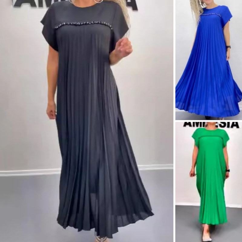 Elegant långklänning med veckad rund hals för kvinnor