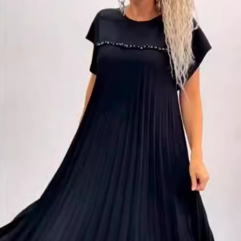 Elegant långklänning med veckad rund hals för kvinnor