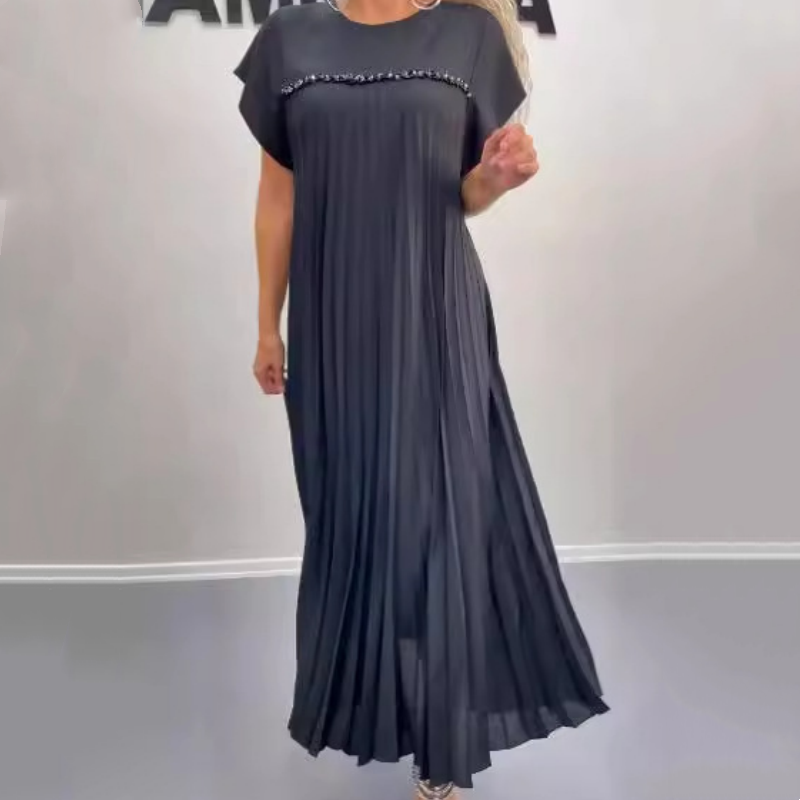 Elegant långklänning med veckad rund hals för kvinnor
