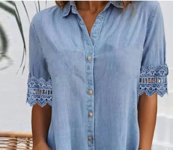 🎁Begränsad tid 50 % RABATT⏳Blå, enkel miniklänning i denim med krage och spetskant