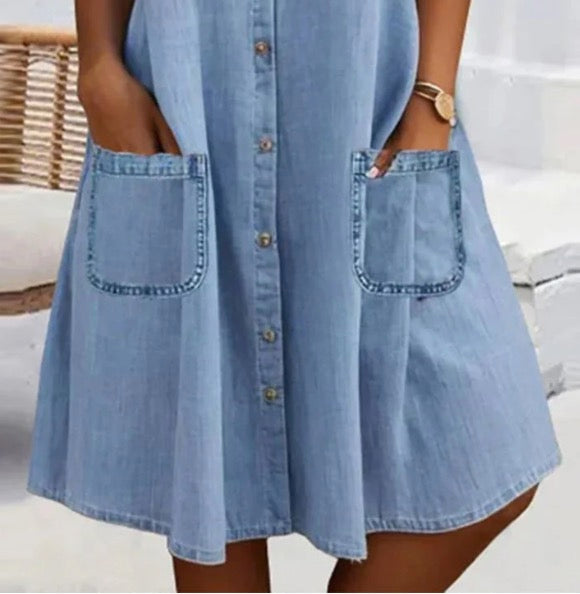 🎁Begränsad tid 50 % RABATT⏳Blå, enkel miniklänning i denim med krage och spetskant