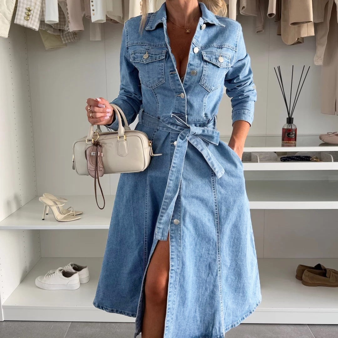 ❤️Långärmad denimklänning för kvinnor med knappslå