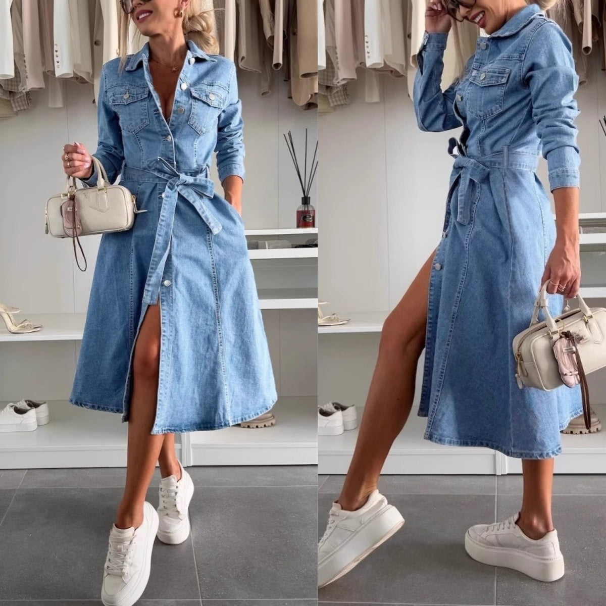 ❤️Långärmad denimklänning för kvinnor med knappslå