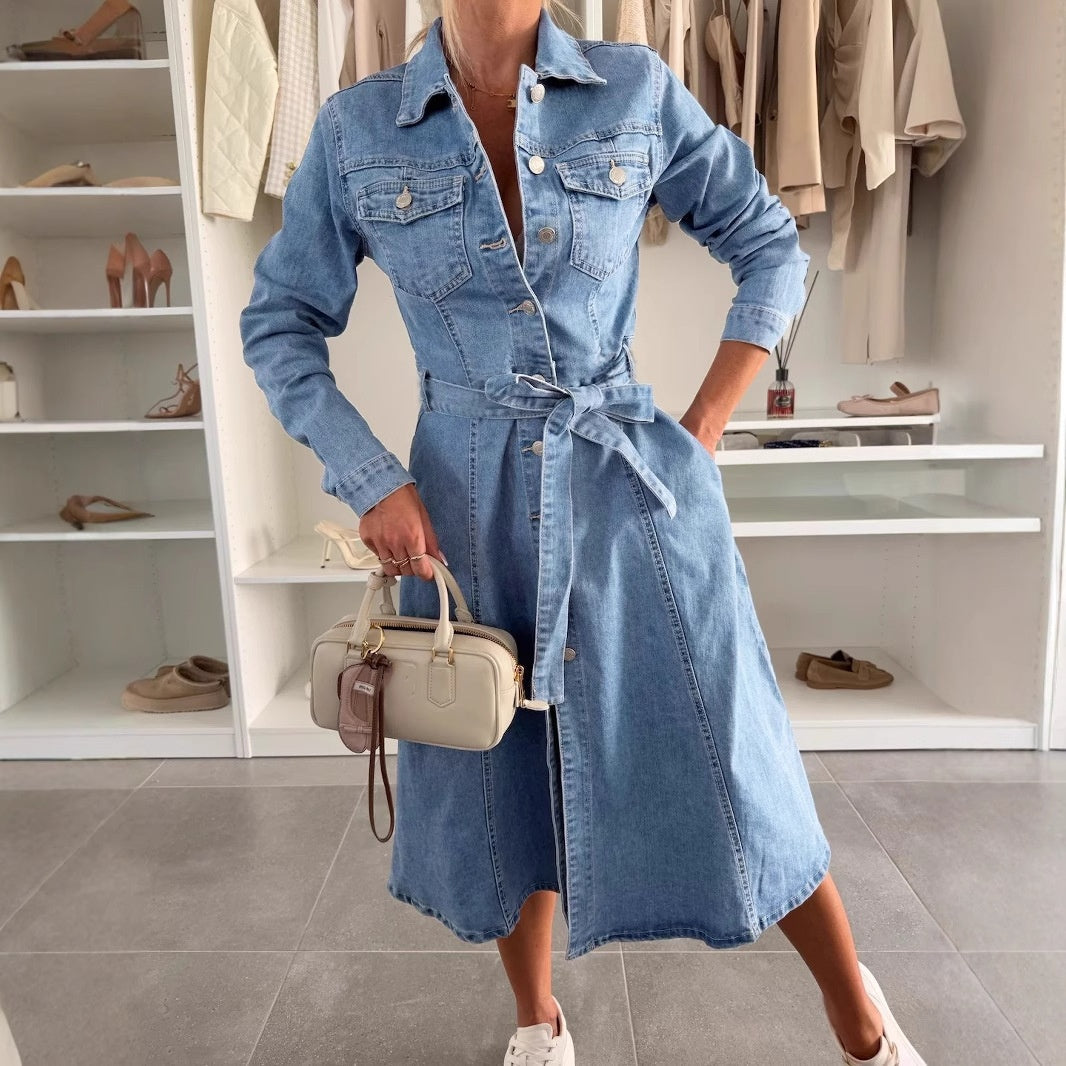 ❤️Långärmad denimklänning för kvinnor med knappslå