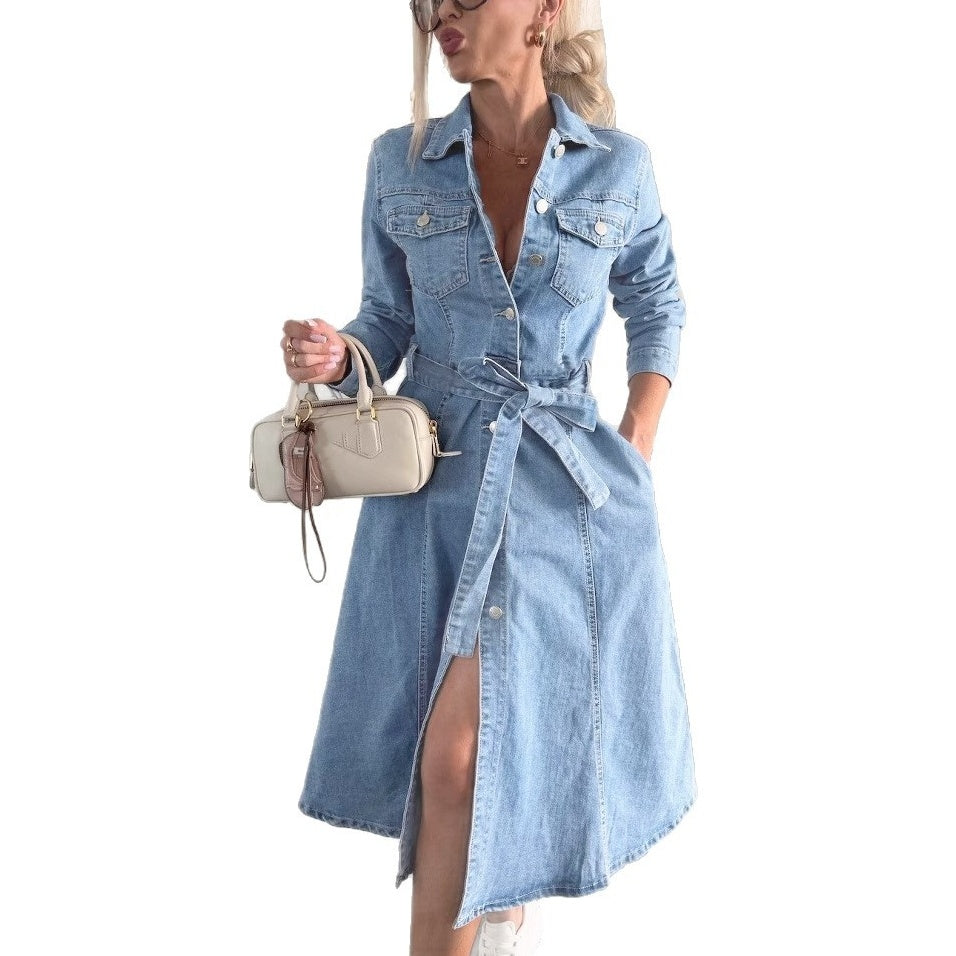 ❤️Långärmad denimklänning för kvinnor med knappslå