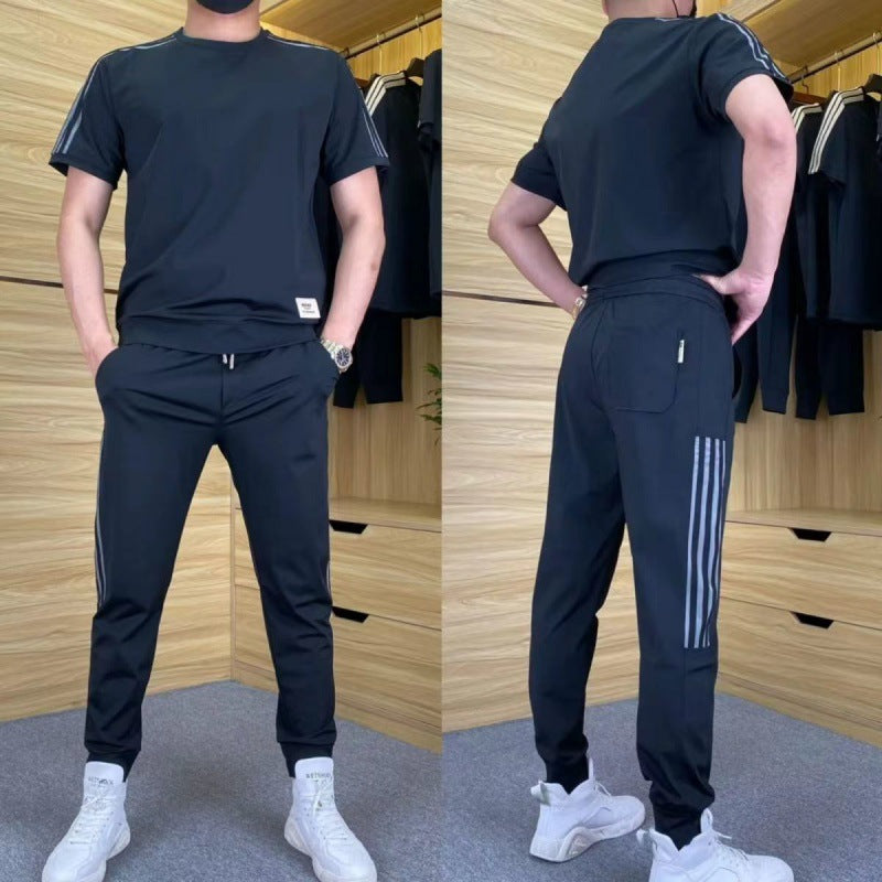 2-delat set med kortärmad topp och joggingbyxor med hög stretch för män