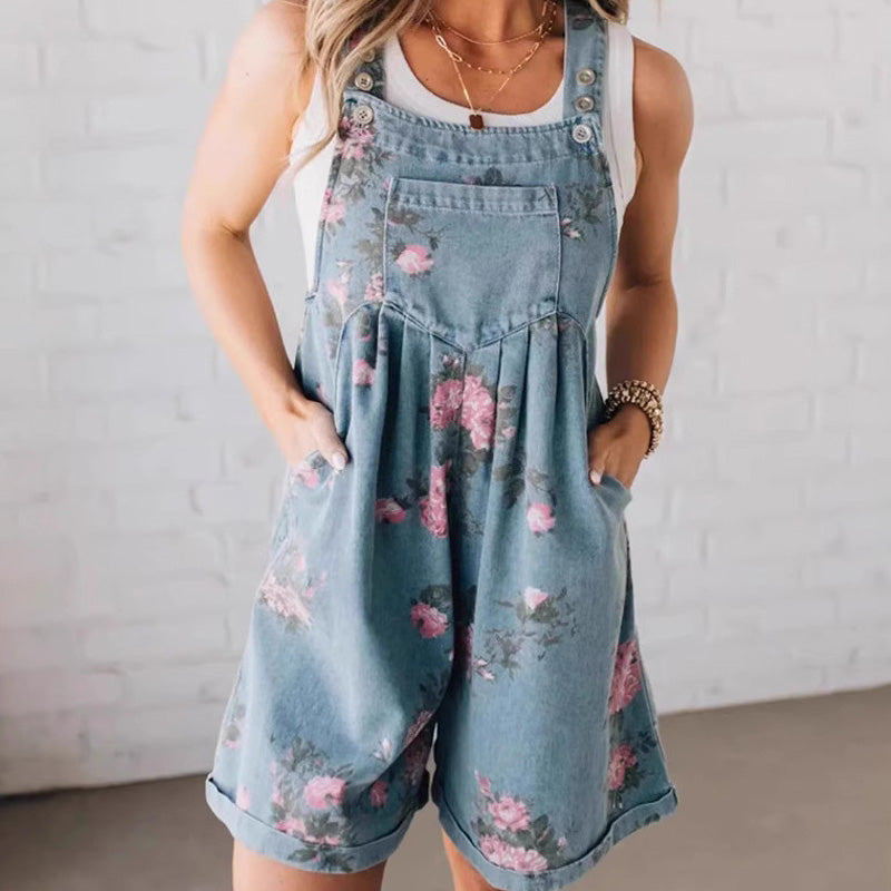 đž2025 Nytt modeđž Vintage blommigt tryckt denim jumpsuit