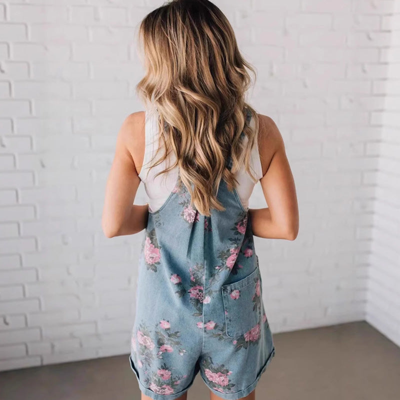 đž2025 Nytt modeđž Vintage blommigt tryckt denim jumpsuit