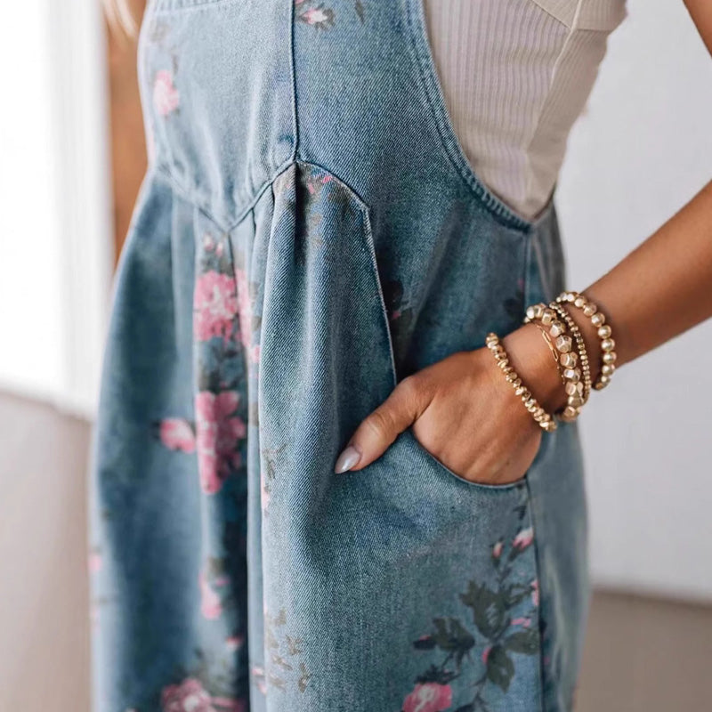 đž2025 Nytt modeđž Vintage blommigt tryckt denim jumpsuit