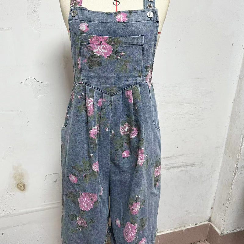 đž2025 Nytt modeđž Vintage blommigt tryckt denim jumpsuit