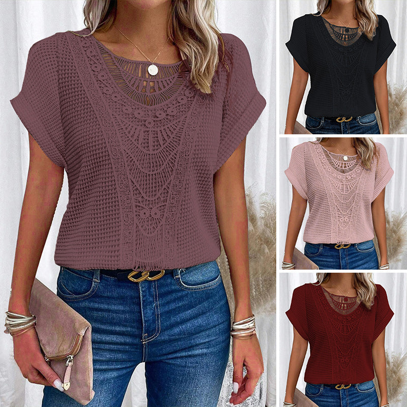 ✨50% OFF✨Kortärmade toppar med rund hals i fast virka för kvinnor
