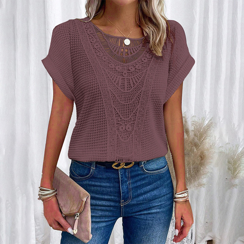 ✨50% OFF✨Kortärmade toppar med rund hals i fast virka för kvinnor