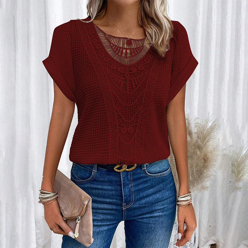 ✨50% OFF✨Kortärmade toppar med rund hals i fast virka för kvinnor