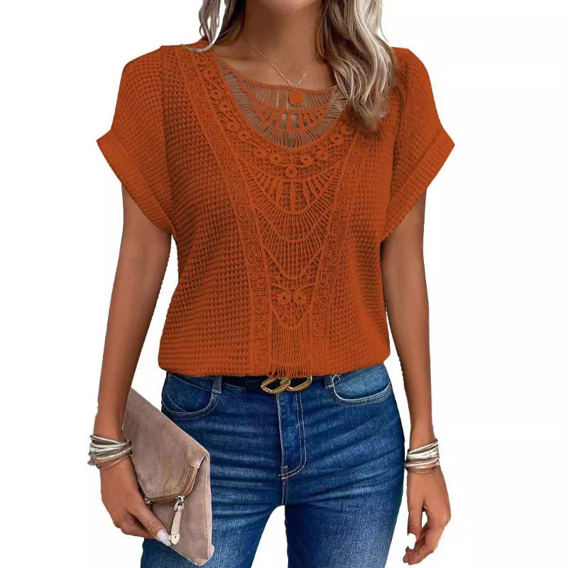 ✨50% OFF✨Kortärmade toppar med rund hals i fast virka för kvinnor