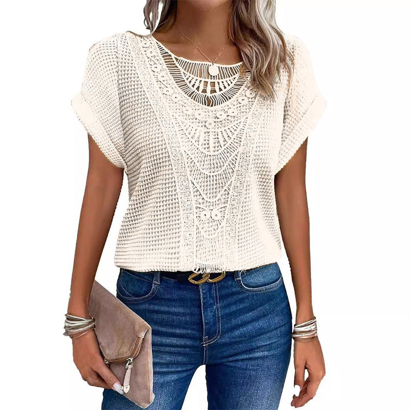 ✨50% OFF✨Kortärmade toppar med rund hals i fast virka för kvinnor
