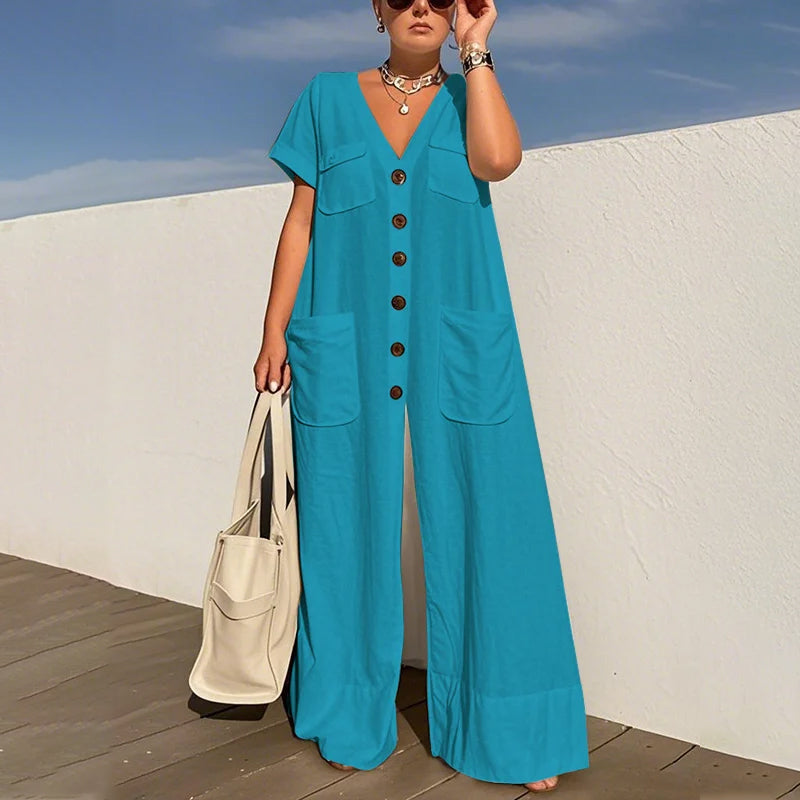 V-ringad lös jumpsuit för kvinnor
