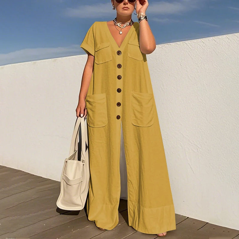 V-ringad lös jumpsuit för kvinnor