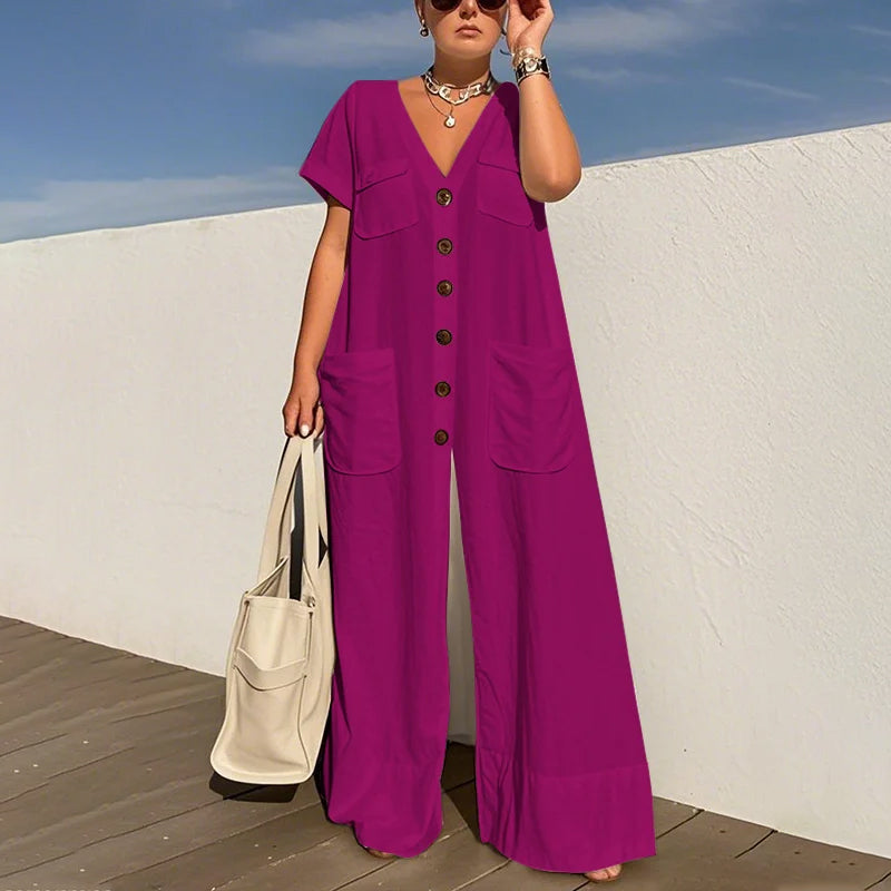V-ringad lös jumpsuit för kvinnor