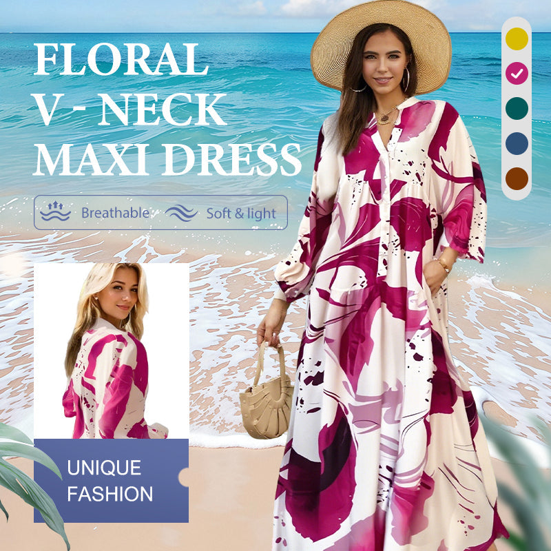 đžđ Blommig klĂ€nning för kvinnor Maxi med v-flame urringning