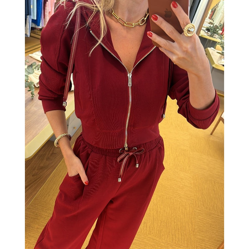 Solid 2-delat set med kort hoodie med dragkedja och byxor med dragsko