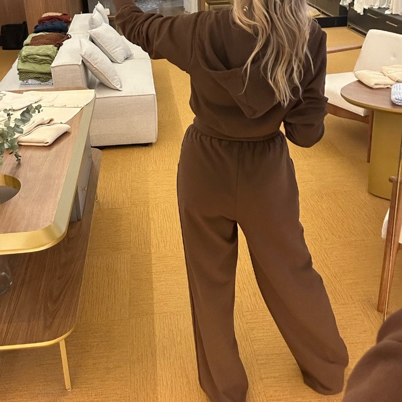 Solid 2-delat set med kort hoodie med dragkedja och byxor med dragsko