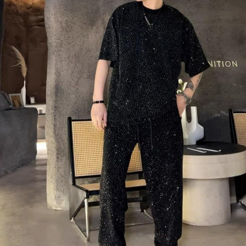 Herrkortärmad topp och vida byxor, 2-delat set