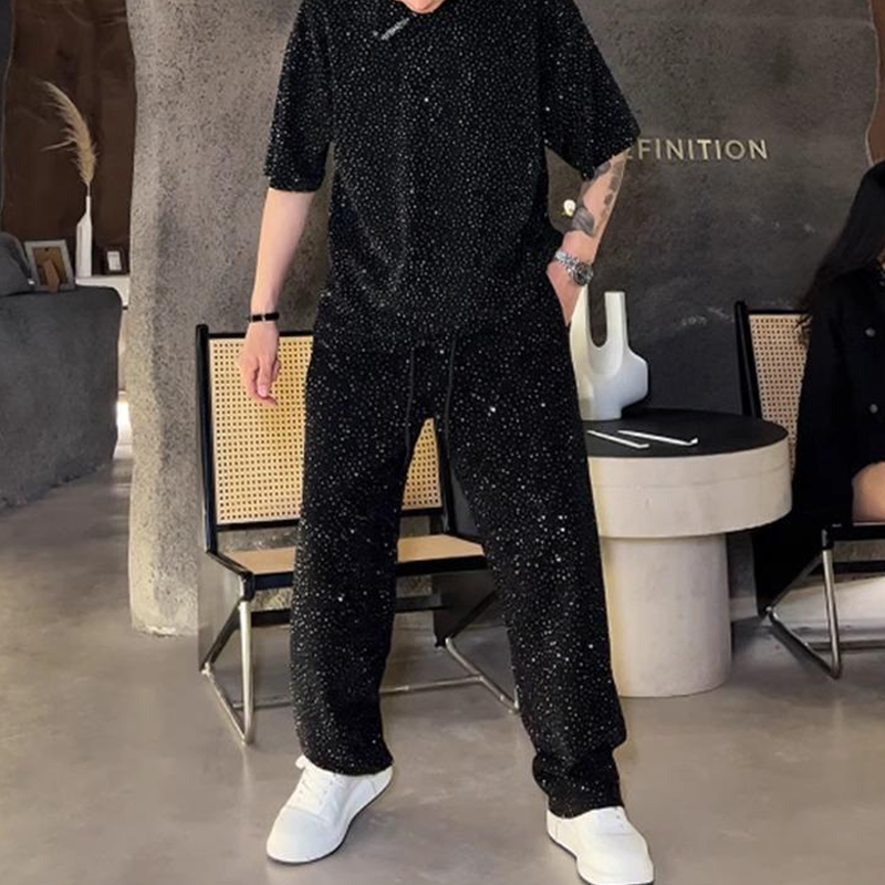 Herrkortärmad topp och vida byxor, 2-delat set