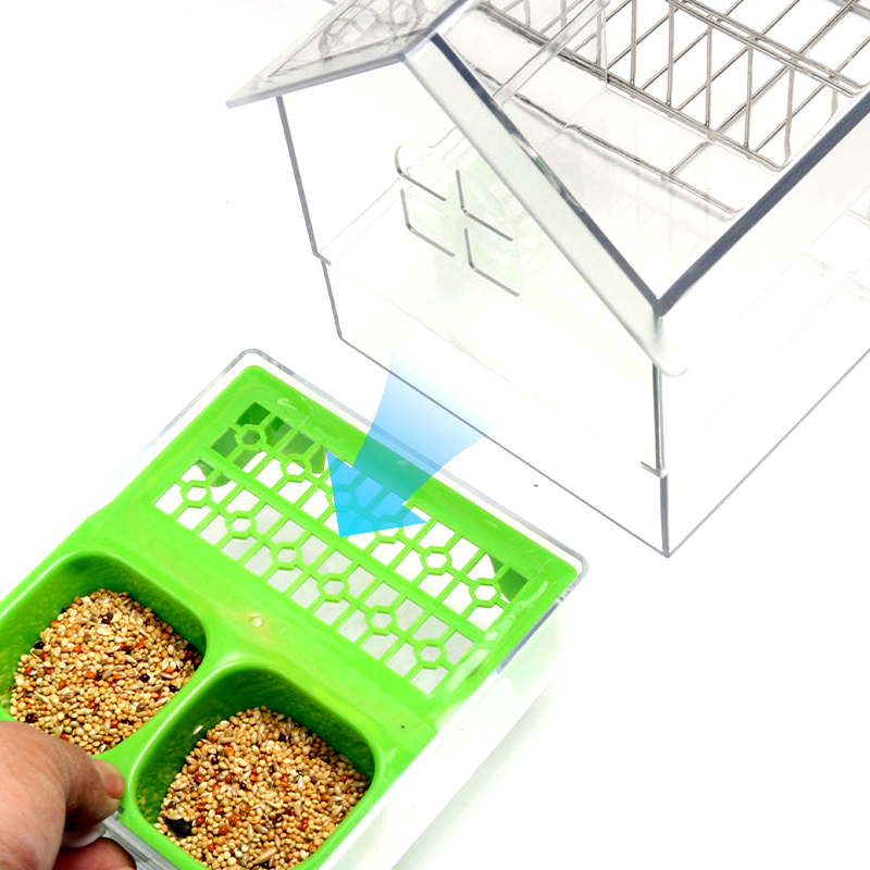 Hängande transparent foderautomat för fågelbur