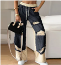 🍁Tidig hösterbjudande✨Patchwork denimbyxor med elastiska dragsko och vida ben