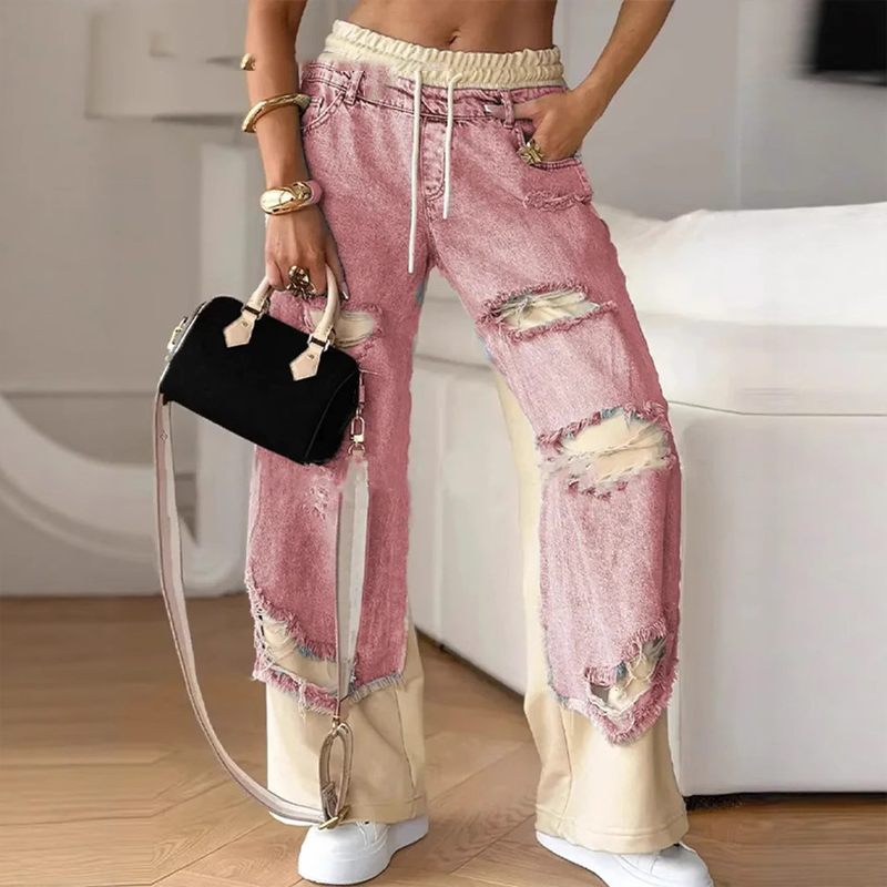 🍁Tidig hösterbjudande✨Patchwork denimbyxor med elastiska dragsko och vida ben
