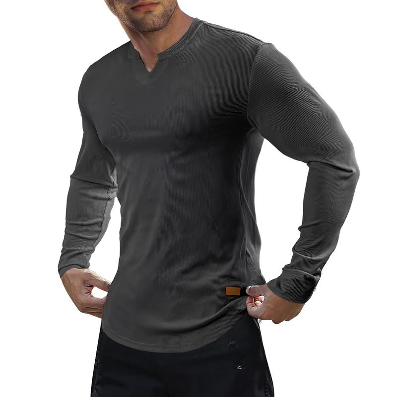 V-ringad långärmad T-shirt i ribbat tyg för träning, fitness och sport