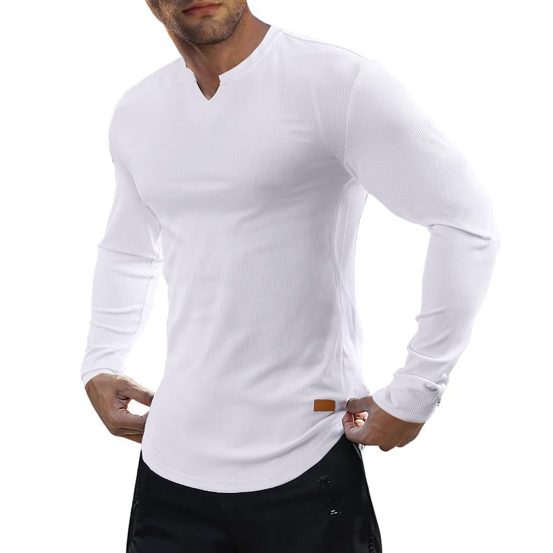 V-ringad långärmad T-shirt i ribbat tyg för träning, fitness och sport
