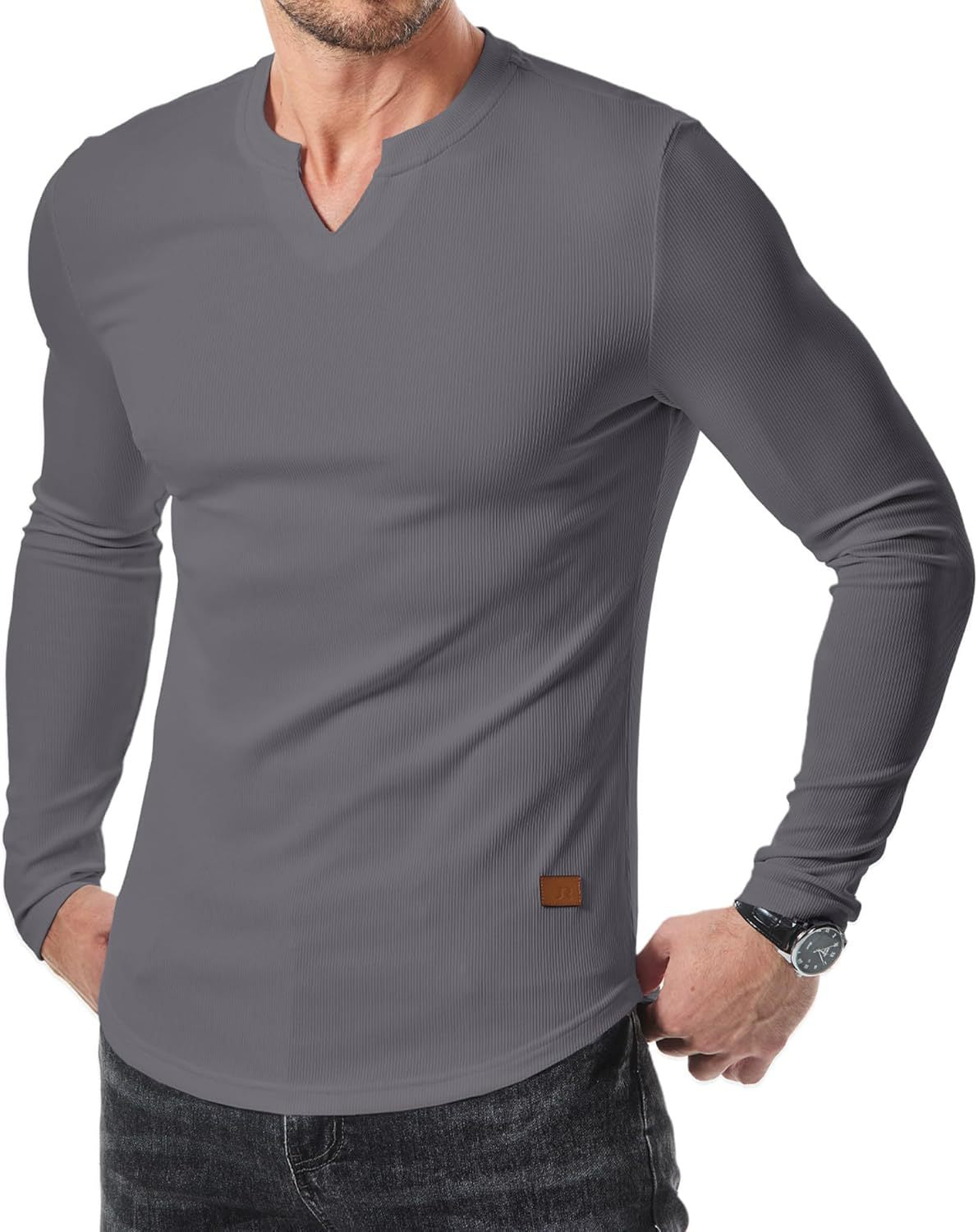 V-ringad långärmad T-shirt i ribbat tyg för träning, fitness och sport