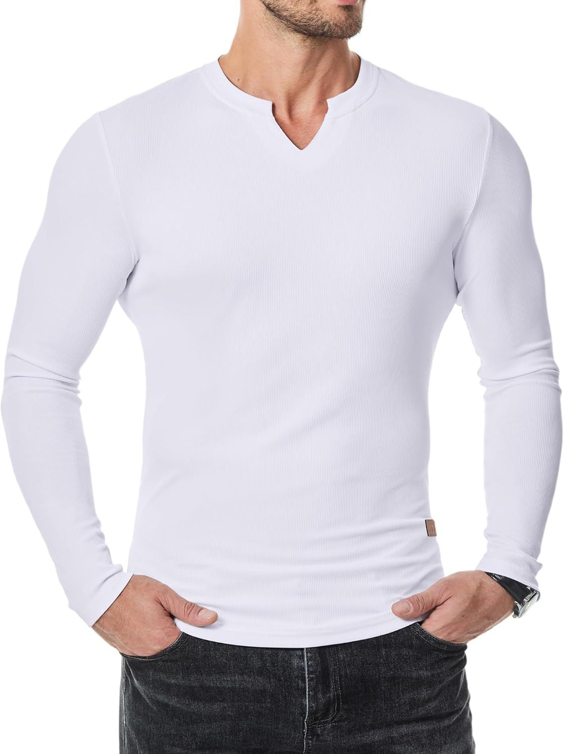 V-ringad långärmad T-shirt i ribbat tyg för träning, fitness och sport