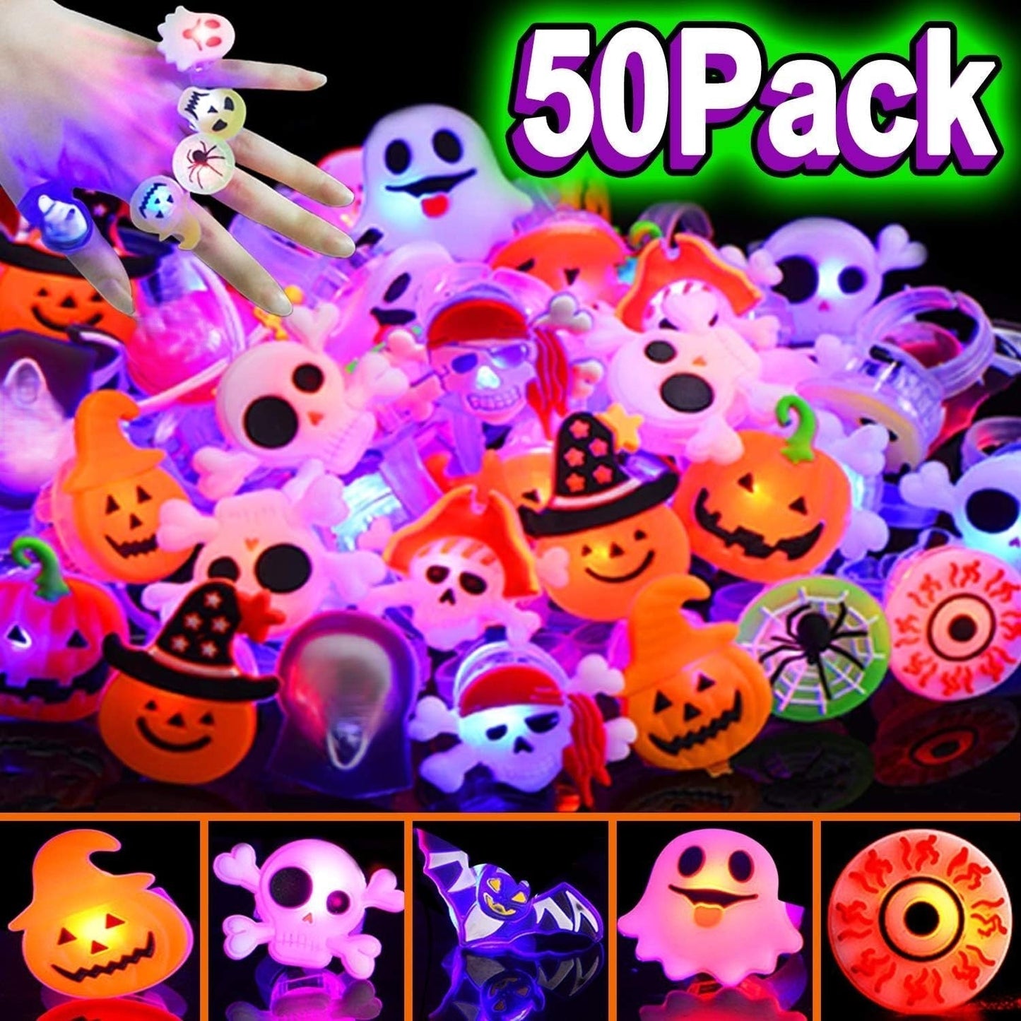 đLED-ljus Halloween-lysande ringđ - Set med 50 st.