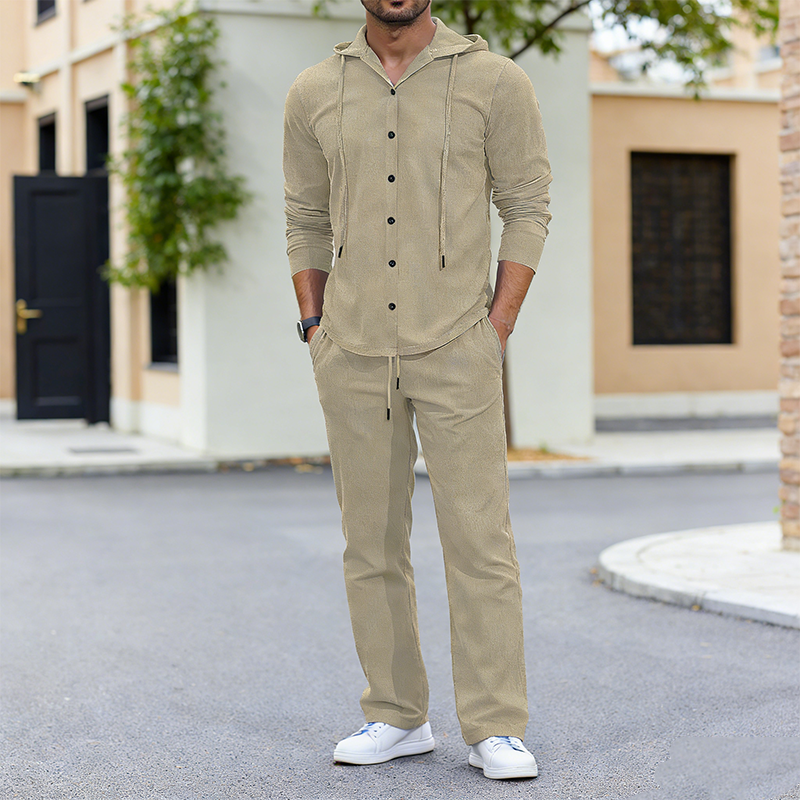 2-delat set med linne-tröja med huva och byxor för herr