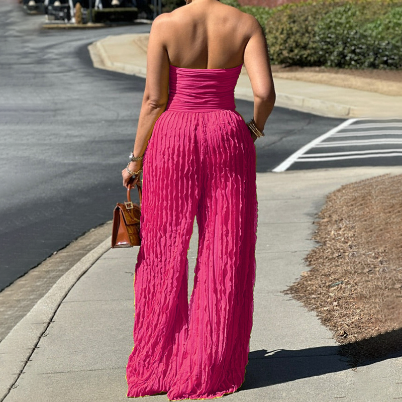 Strapeless skrynklig jumpsuit med vida ben