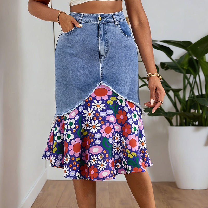 đâš Patchwork denimkjol med hög midja och volang