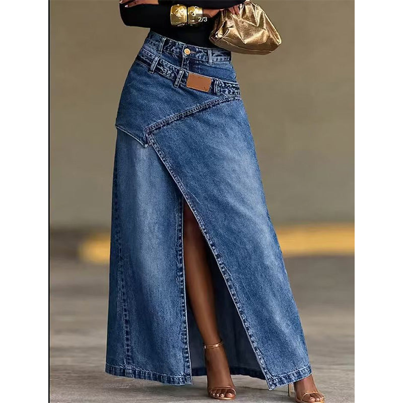 đâš Asymmetrisk lager denim maxikjol med slits