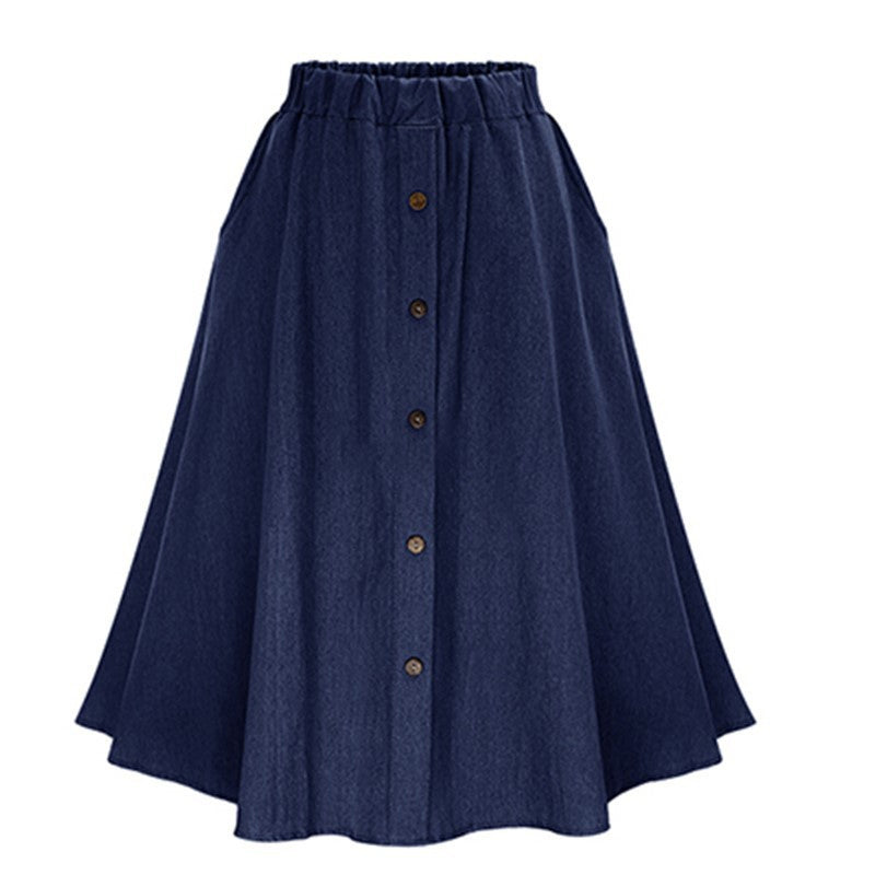 Midi-kjol i denim med hög midja och resår för dam