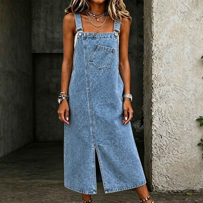 đ Denim overallklĂ€nning med slits och remmar