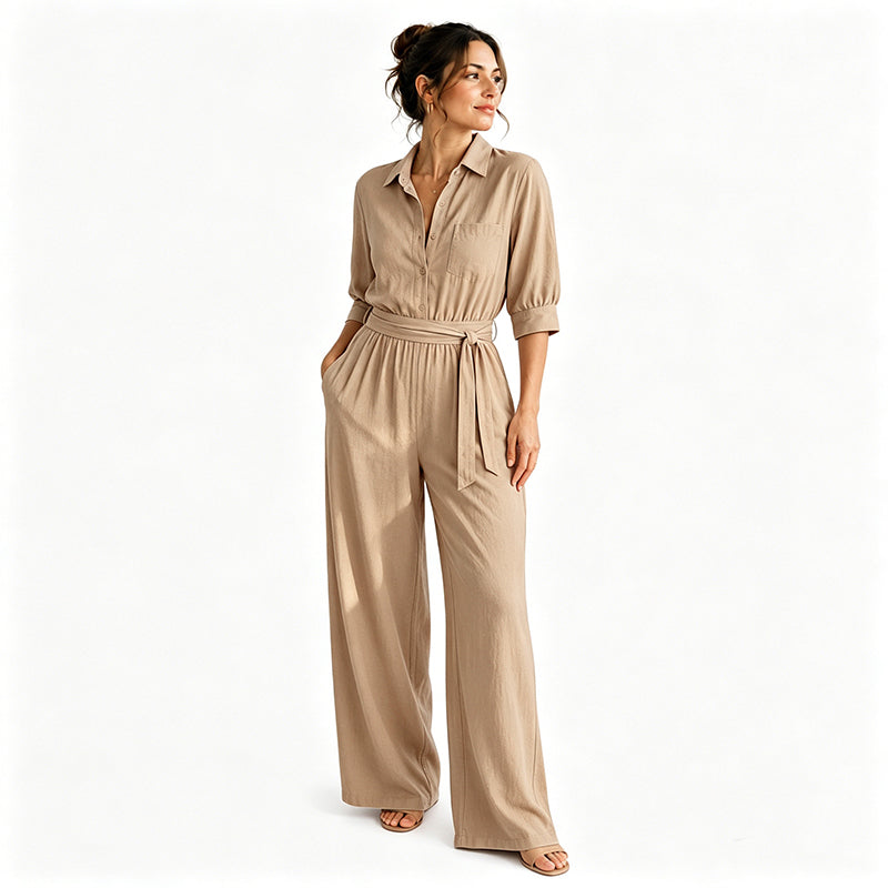 Jumpsuit för damer med halvlånga ärmar och vida ben